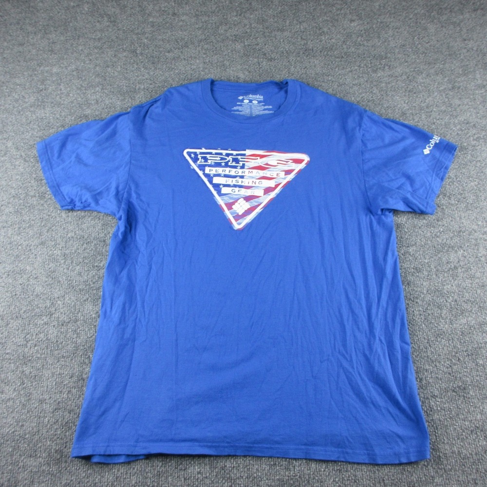 Columbia PFG Shirt Mens L Blue‎ Short Sleeve Flag Logo Graphic Tee Fishing